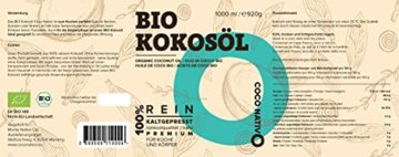 Bio Kokosöl CocoNativo – 1000mL (1L) – Bio Kokosfett, Kokosnussöl, Premium, Nativ, Kaltgepresst, Rohkostqualität, Rein (1000ml) – zum Kochen, Braten und Backen, für Haare und Haut - 